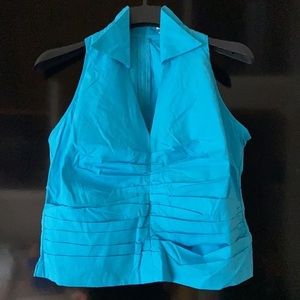 TURQUOISE V-NECK  COLLARED FITTED RUCHED BODICE HALTER SLEEVELESS CROP TOP